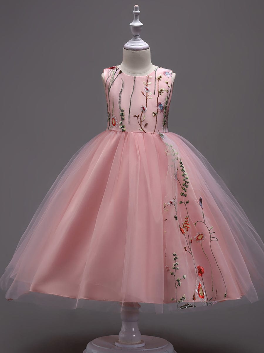 Floral Embroidered Sleeveless Flower Girl Dress with Tulle Cover #color_White Floral Embroidered Sleeveless Flower Girl Dress with Tulle Cover