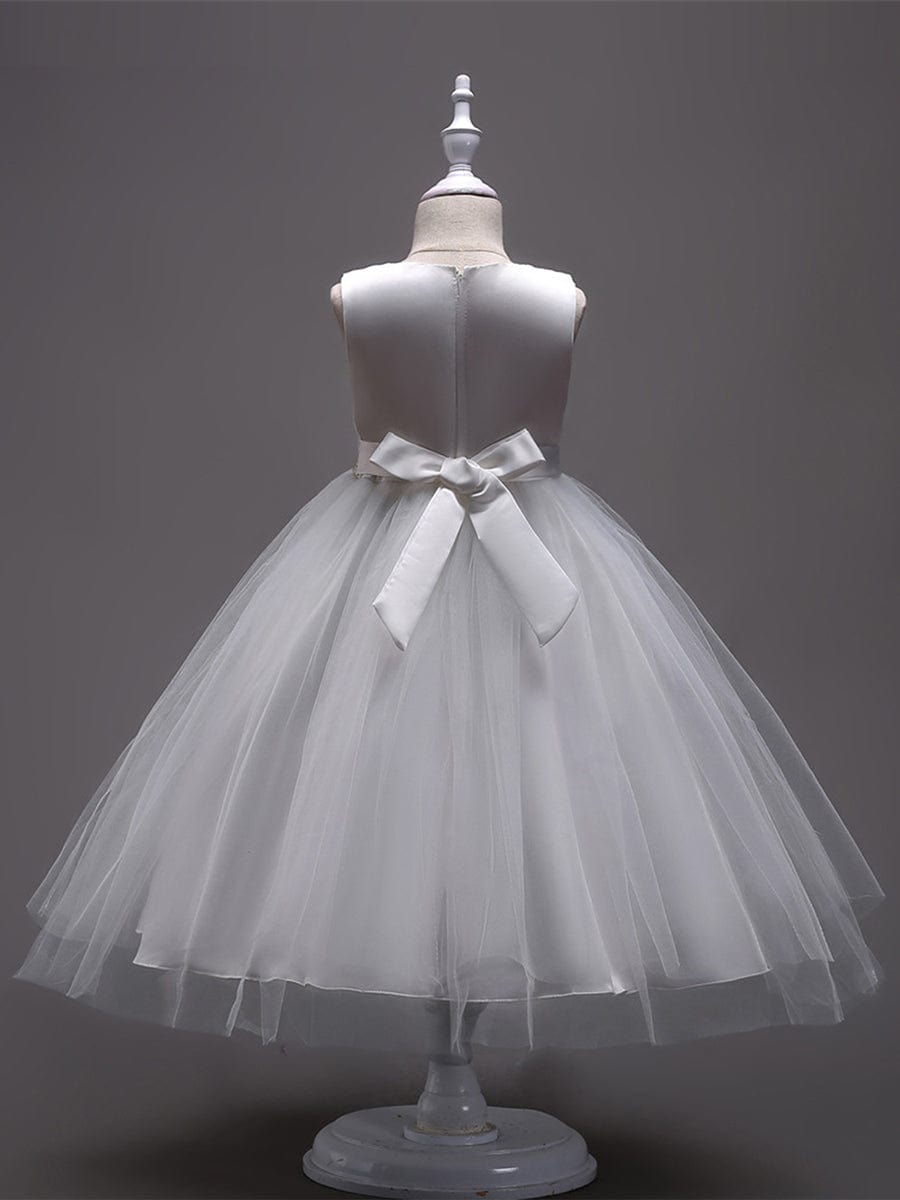 Floral Embroidered Sleeveless Flower Girl Dress with Tulle Cover #color_White Floral Embroidered Sleeveless Flower Girl Dress with Tulle Cover