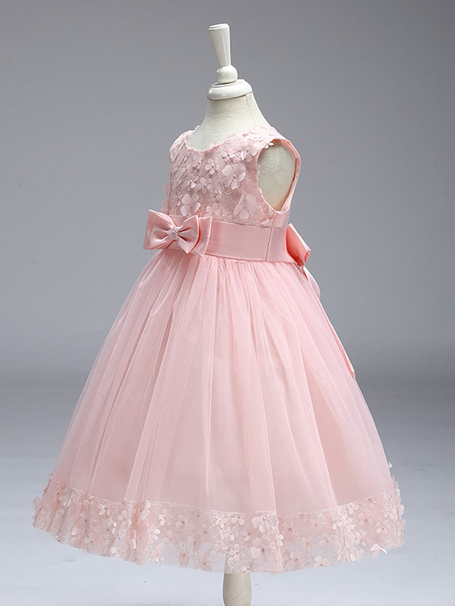 Flower Adorned Sheer Flower Girl Dress with Butterfly Bows #color_White Flower Adorned Sheer Flower Girl Dress with Butterfly Bows