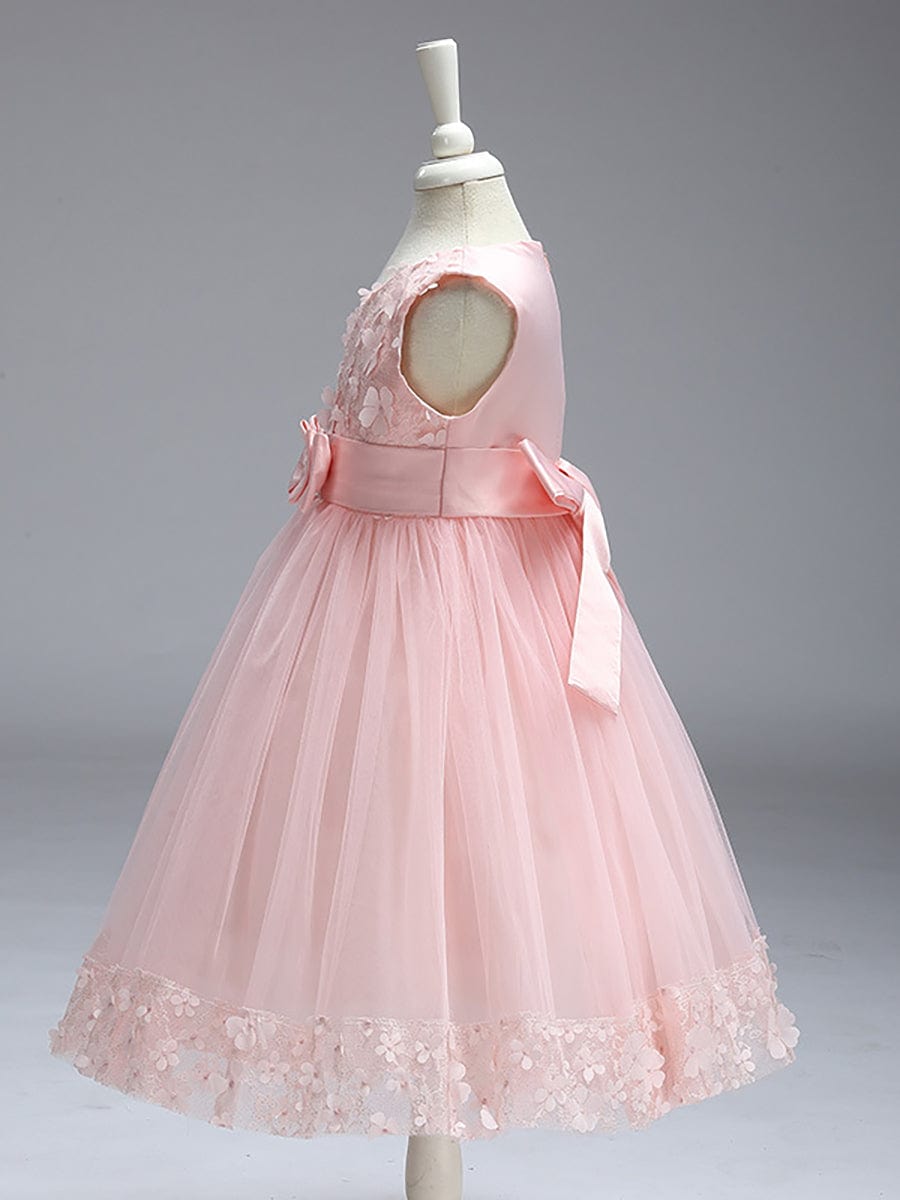 Flower Adorned Sheer Flower Girl Dress with Butterfly Bows #color_White Flower Adorned Sheer Flower Girl Dress with Butterfly Bows