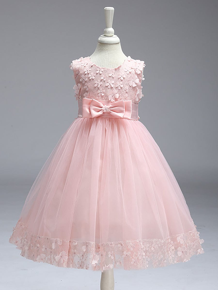 Flower Adorned Sheer Flower Girl Dress with Butterfly Bows #color_White Flower Adorned Sheer Flower Girl Dress with Butterfly Bows