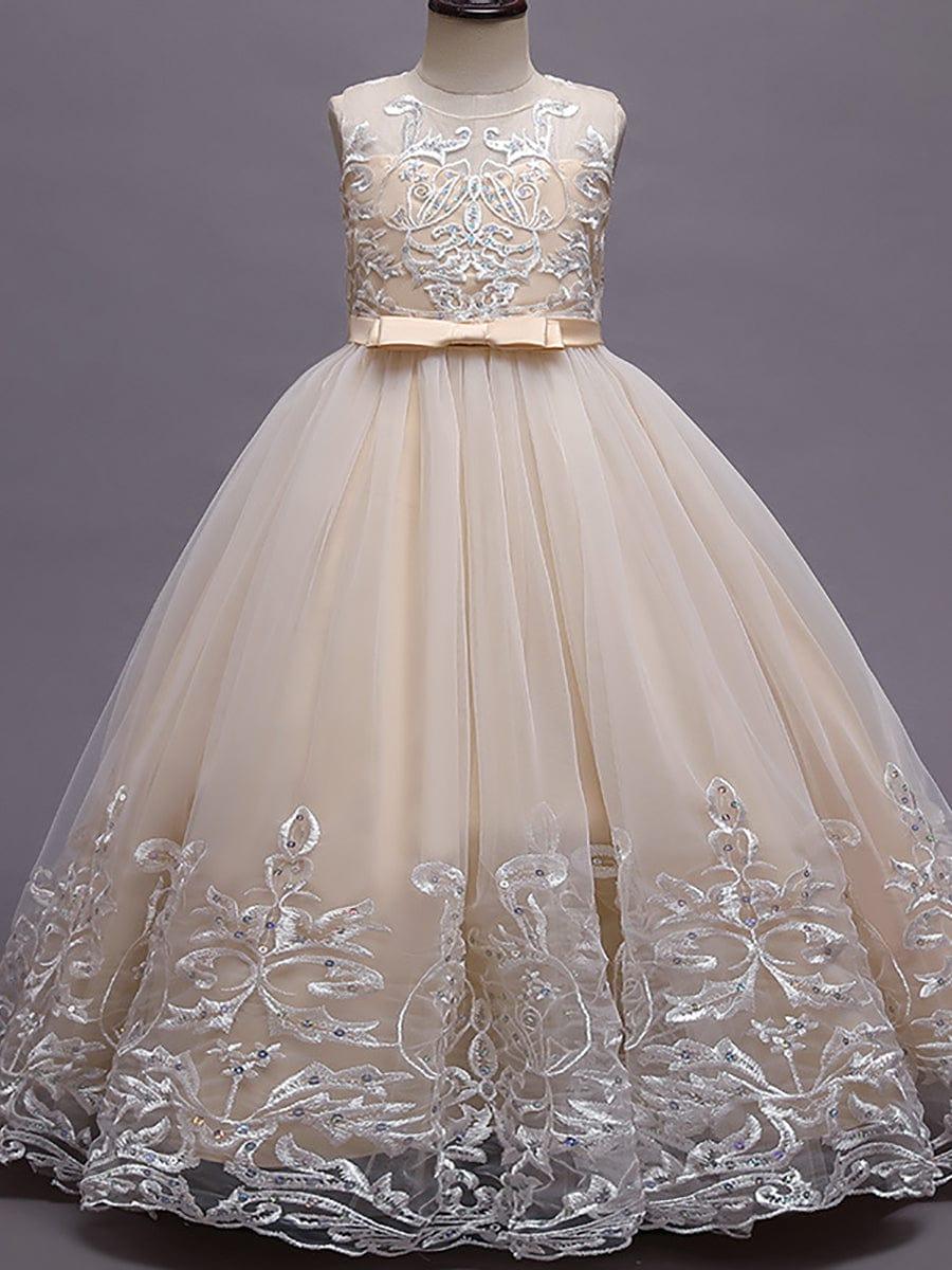 Gorgeous Applique Princess Dress for Flower Girl with Bowknot #color_Champagne