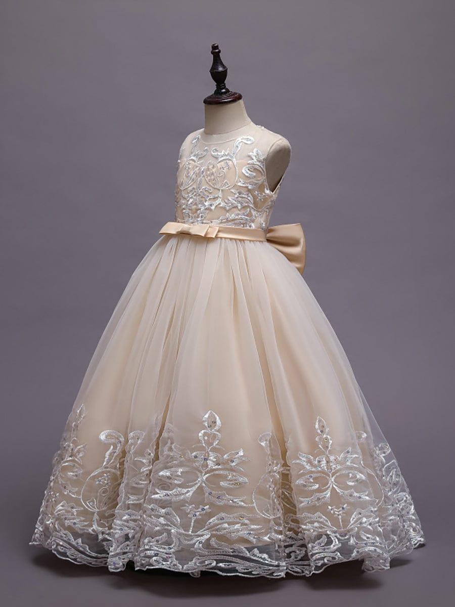 Gorgeous Applique Princess Dress for Flower Girl with Bowknot #color_Champagne