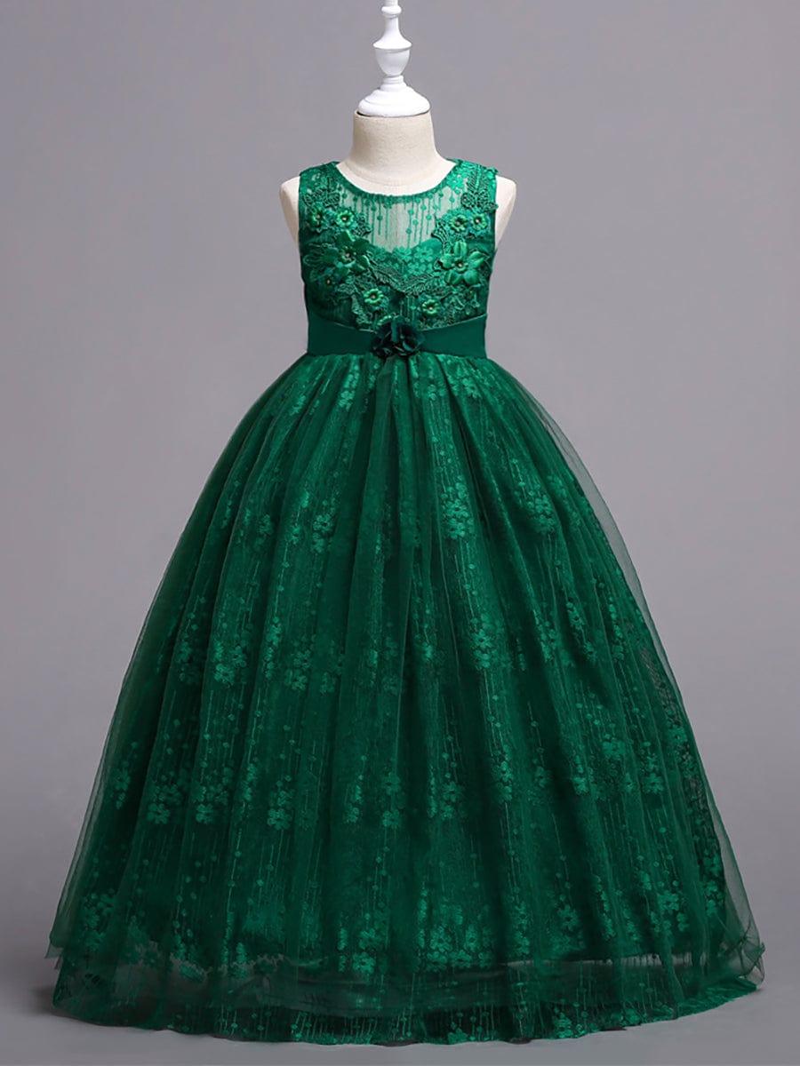 Floral Tulle Applique Princess Flower Girl Dress With Satin Back #color_Dark Green