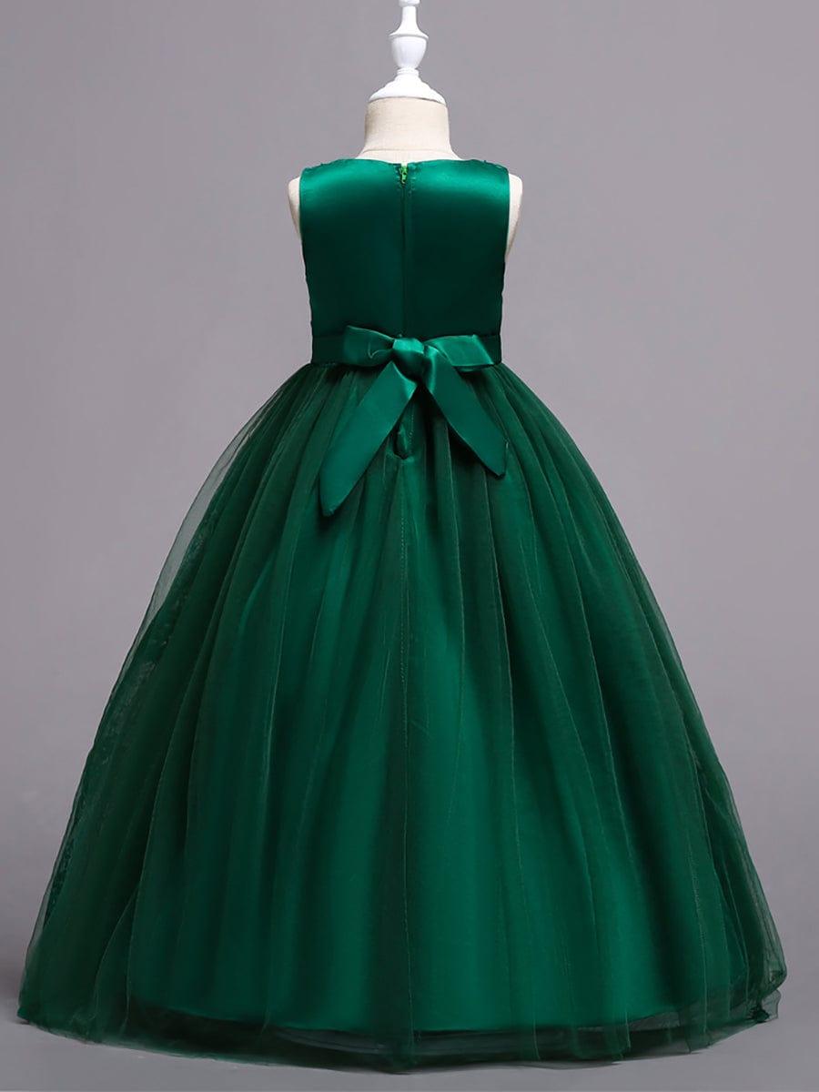 Floral Tulle Applique Princess Flower Girl Dress With Satin Back #color_Dark Green