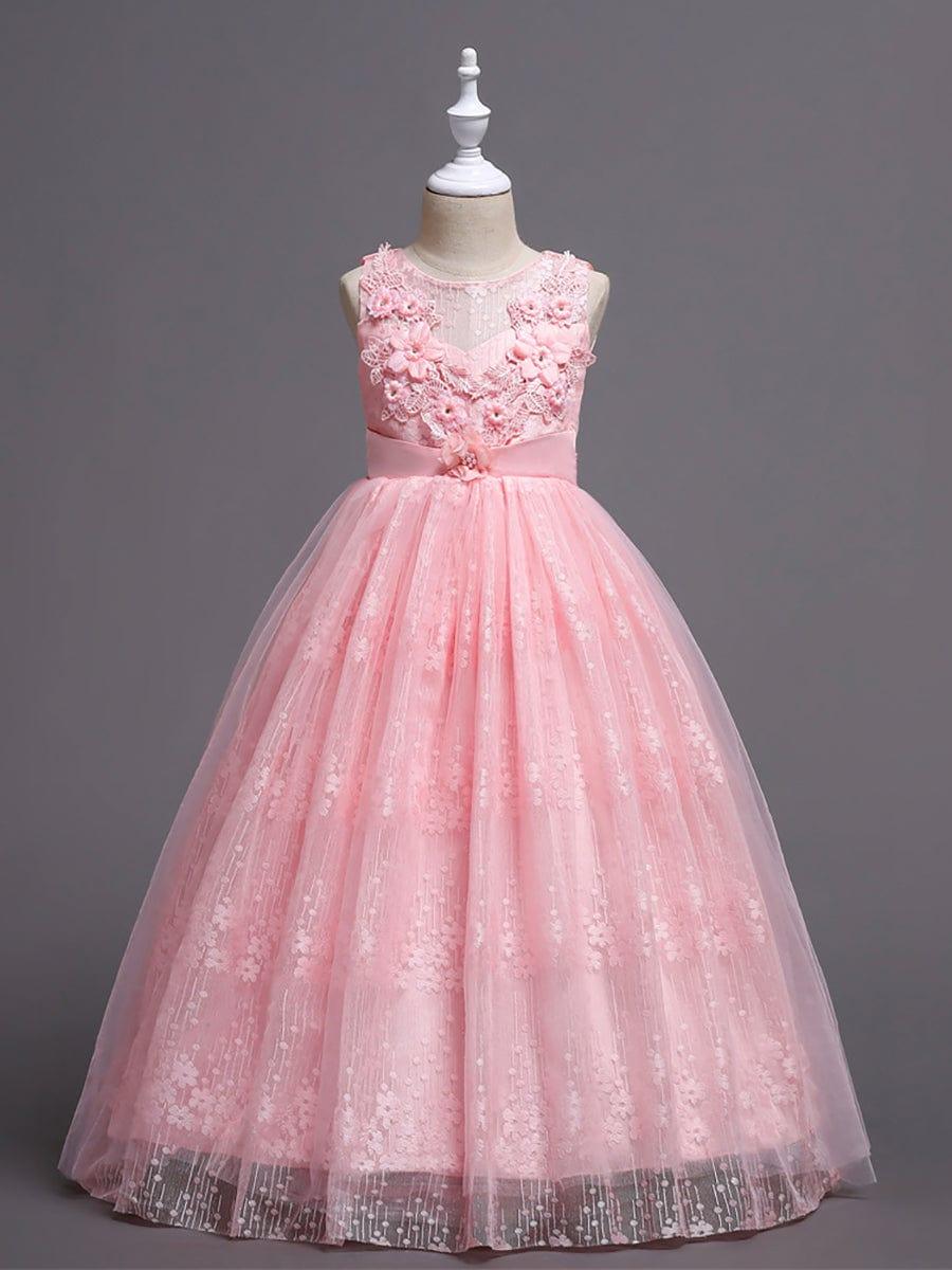 Floral Tulle Applique Princess Flower Girl Dress With Satin Back #color_Pink