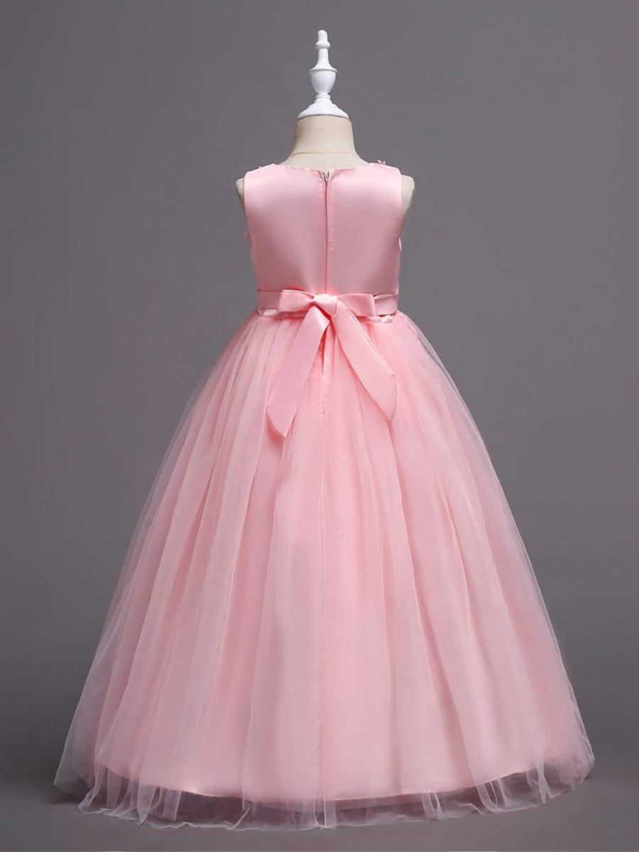 Floral Tulle Applique Princess Flower Girl Dress With Satin Back #color_Pink