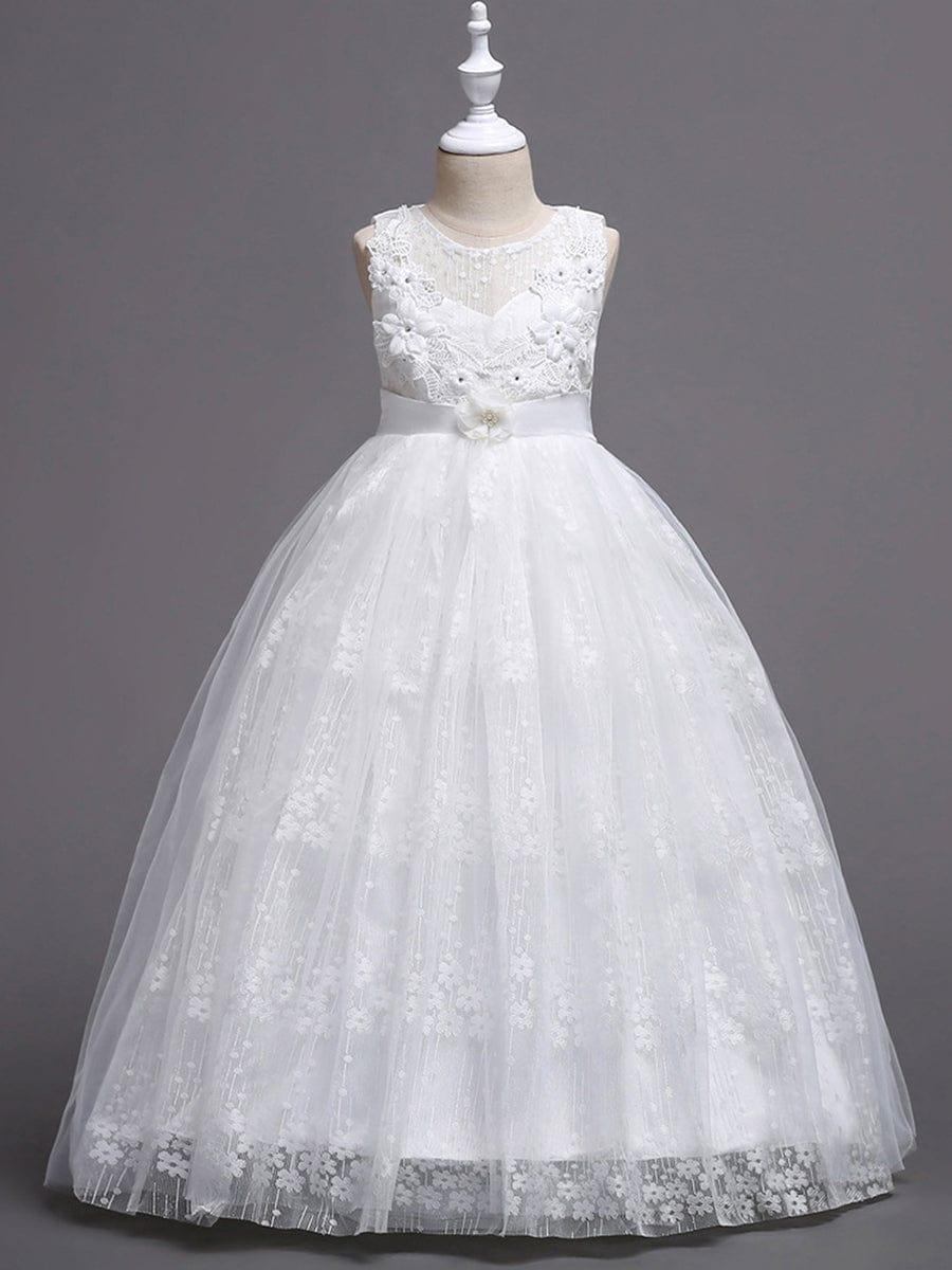 Floral Tulle Applique Princess Flower Girl Dress With Satin Back #color_White
