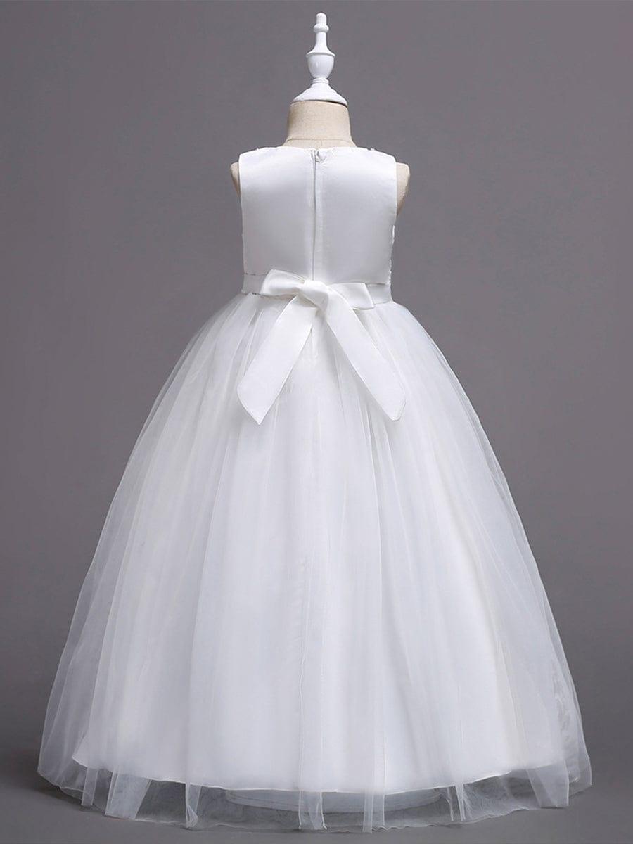 Floral Tulle Applique Princess Flower Girl Dress With Satin Back #color_White