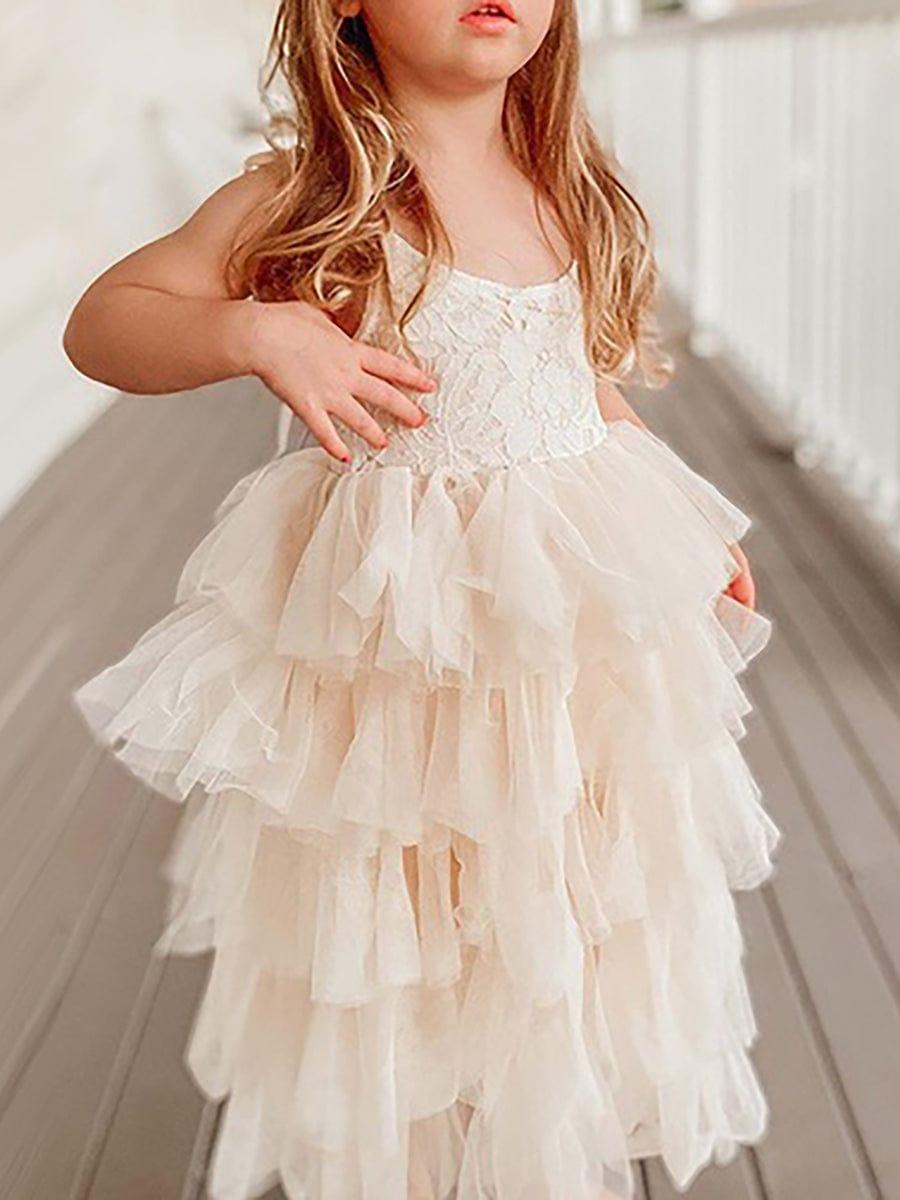 Multi-Layered Tulle Princess Flower Girl Dress with Spaghetti Straps #color_Champagne Multi-Layered Tulle Princess Flower Girl Dress with Spaghetti Straps