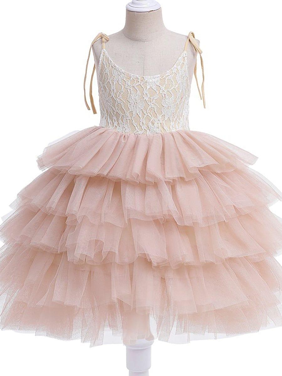 Multi-Layered Tulle Princess Flower Girl Dress with Spaghetti Straps #color_Champagne Multi-Layered Tulle Princess Flower Girl Dress with Spaghetti Straps