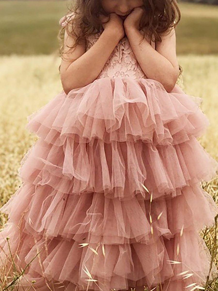Multi-Layered Tulle Princess Flower Girl Dress with Spaghetti Straps #color_Champagne Multi-Layered Tulle Princess Flower Girl Dress with Spaghetti Straps