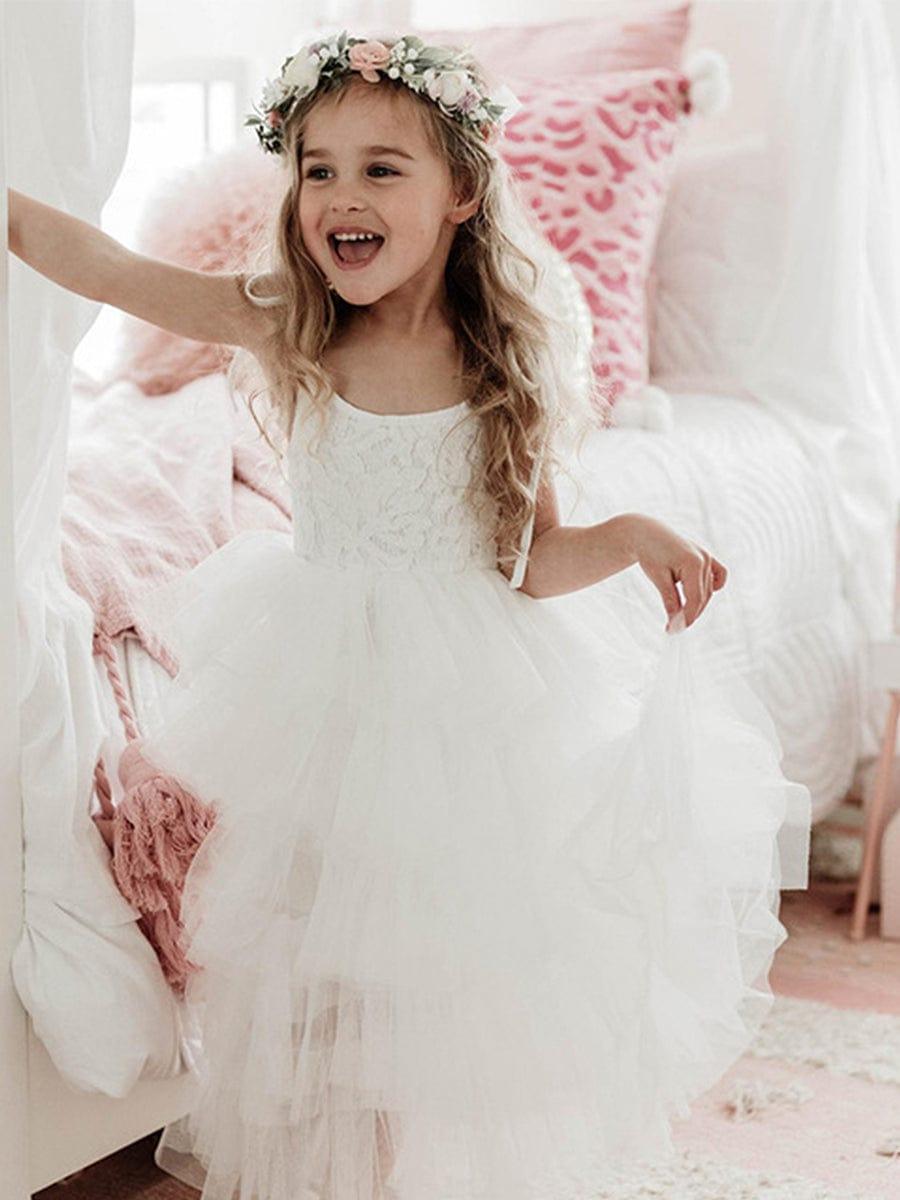 Multi-Layered Tulle Princess Flower Girl Dress with Spaghetti Straps #color_Champagne Multi-Layered Tulle Princess Flower Girl Dress with Spaghetti Straps