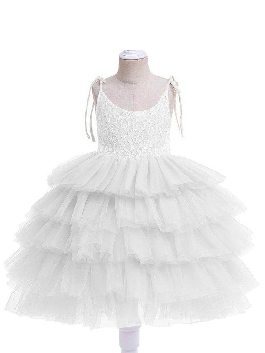 Multi-Layered Tulle Princess Flower Girl Dress with Spaghetti Straps #color_Champagne Multi-Layered Tulle Princess Flower Girl Dress with Spaghetti Straps