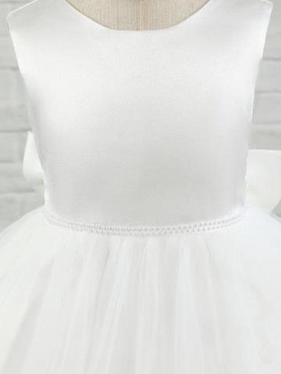 Satin Beaded Tulle Princess Flower Girl Dress With Back Bow #color_Cameo Brown Satin Beaded Tulle Princess Flower Girl Dress With Back Bow