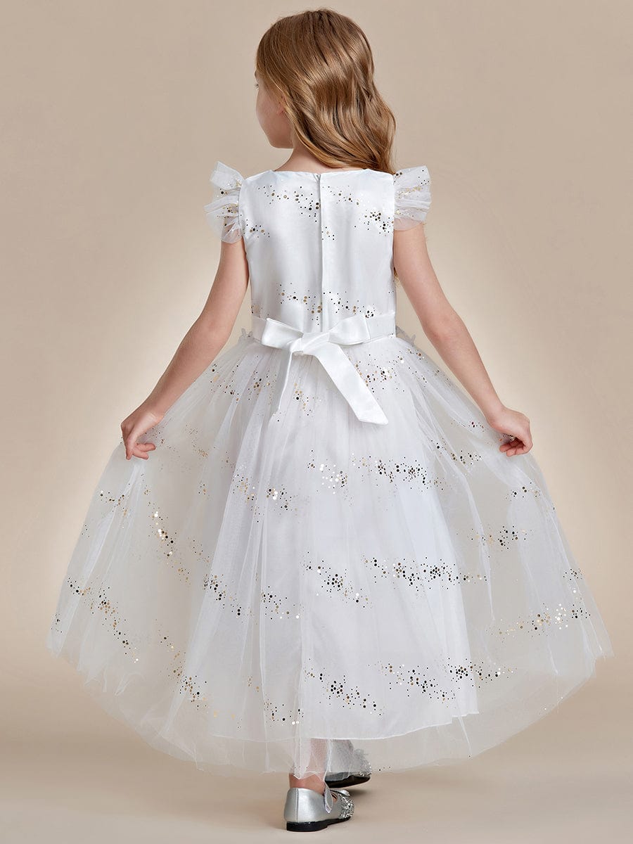 Lace Applique Flutter Sleeves Sparkle Princess Flower Girl Dress