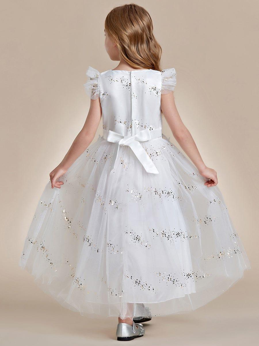 Lace Applique Flutter Sleeves Sparkle Princess Flower Girl Dress #color_White Lace Applique Flutter Sleeves Sparkle Princess Flower Girl Dress