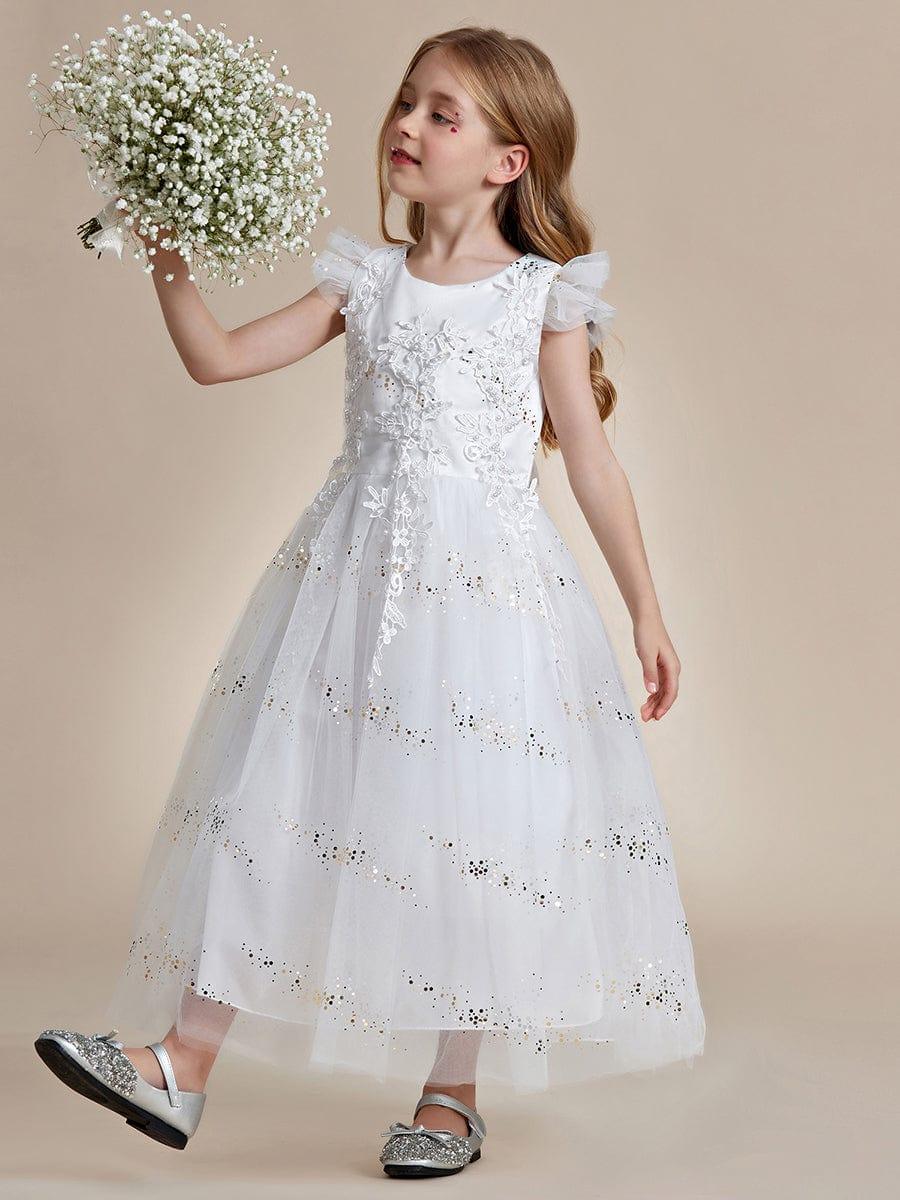Lace Applique Flutter Sleeves Sparkle Princess Flower Girl Dress #color_White Lace Applique Flutter Sleeves Sparkle Princess Flower Girl Dress