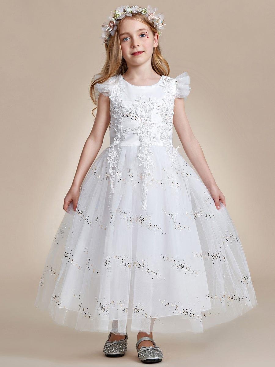 Lace Applique Flutter Sleeves Sparkle Princess Flower Girl Dress #color_White Lace Applique Flutter Sleeves Sparkle Princess Flower Girl Dress
