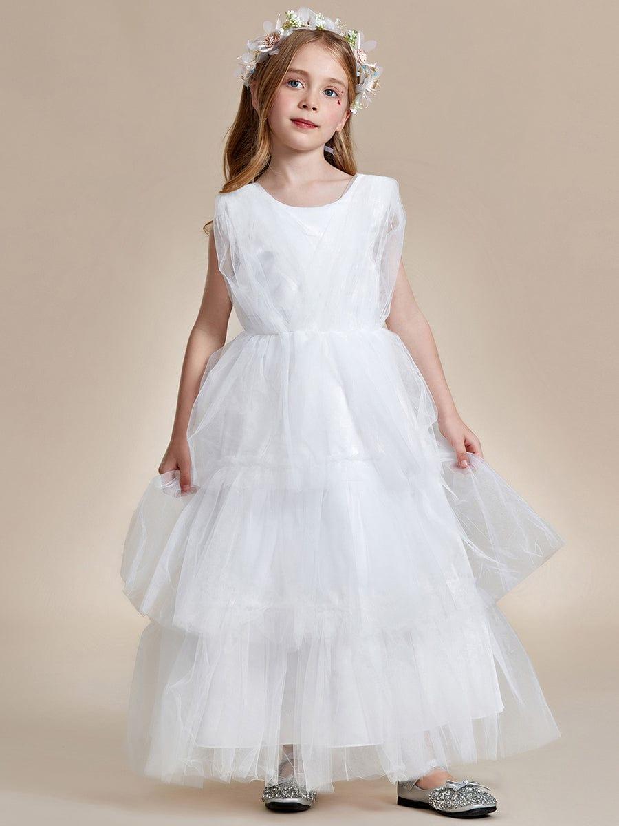 Princess Style Layered Cake Long Tulle Flower Girls Dress #color_White Princess Style Layered Cake Long Tulle Flower Girls Dress
