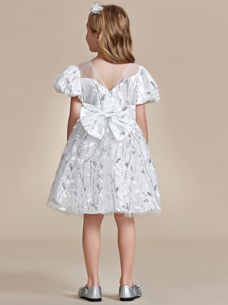 Sparkling Puffy Sleeves Leaf Sequin A-line Flower Girl Dress #color_White Sparkling Puffy Sleeves Leaf Sequin A-line Flower Girl Dress