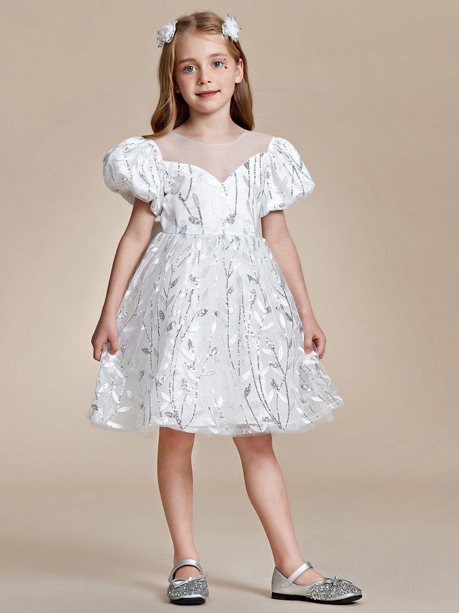 Sparkling Puffy Sleeves Leaf Sequin A-line Flower Girl Dress #color_White Sparkling Puffy Sleeves Leaf Sequin A-line Flower Girl Dress