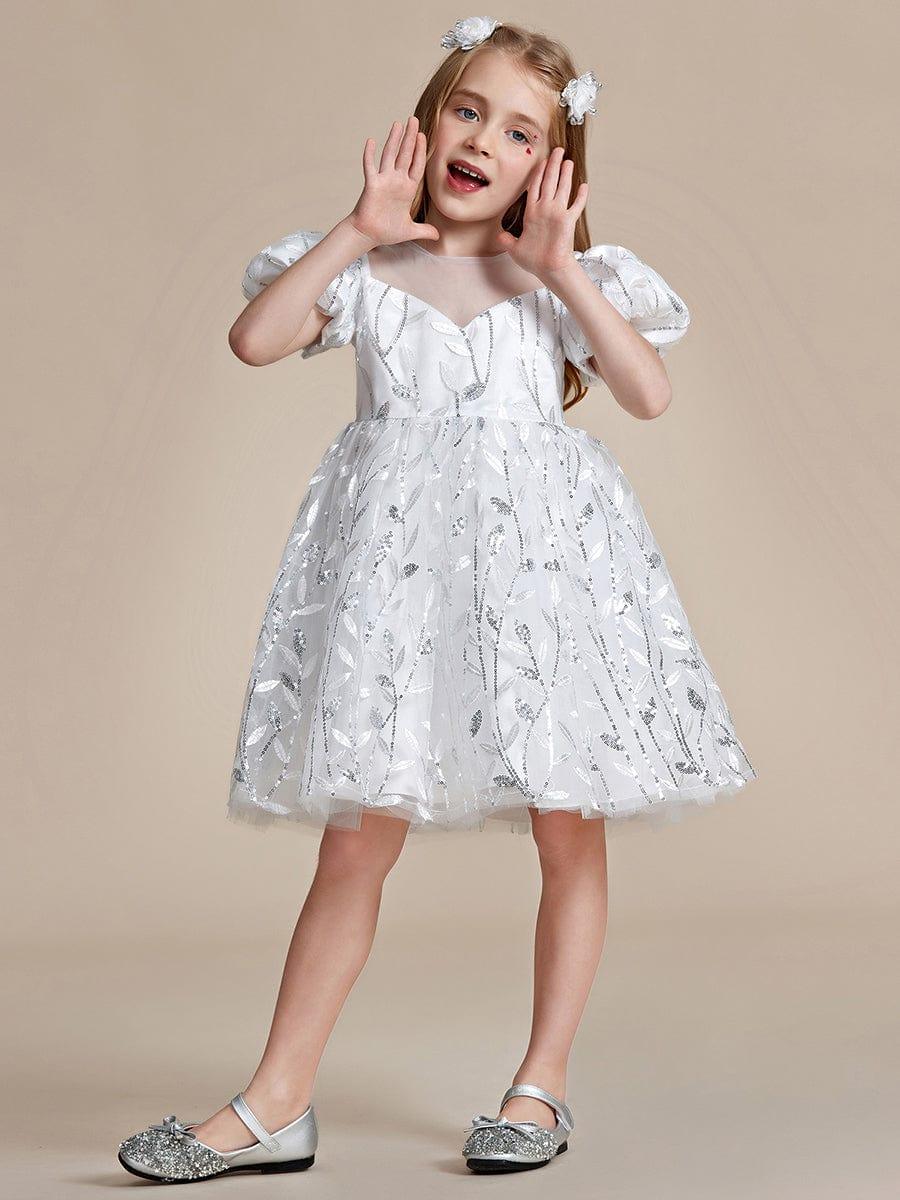 Sparkling Puffy Sleeves Leaf Sequin A-line Flower Girl Dress #color_White Sparkling Puffy Sleeves Leaf Sequin A-line Flower Girl Dress