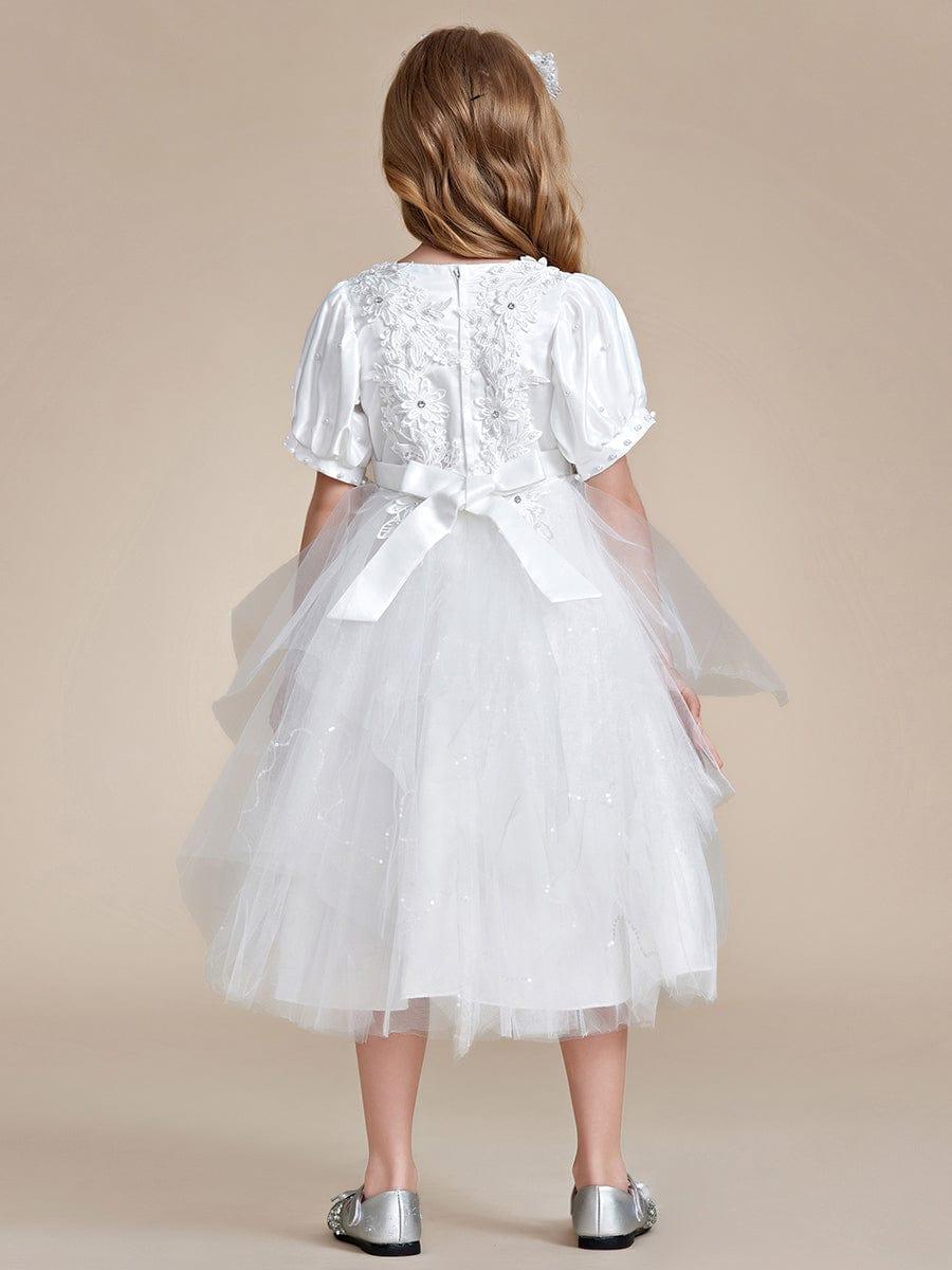 Satin Floral Applique Puff Sleeves Tulle Flower Girl Dress #color_White Satin Floral Applique Puff Sleeves Tulle Flower Girl Dress