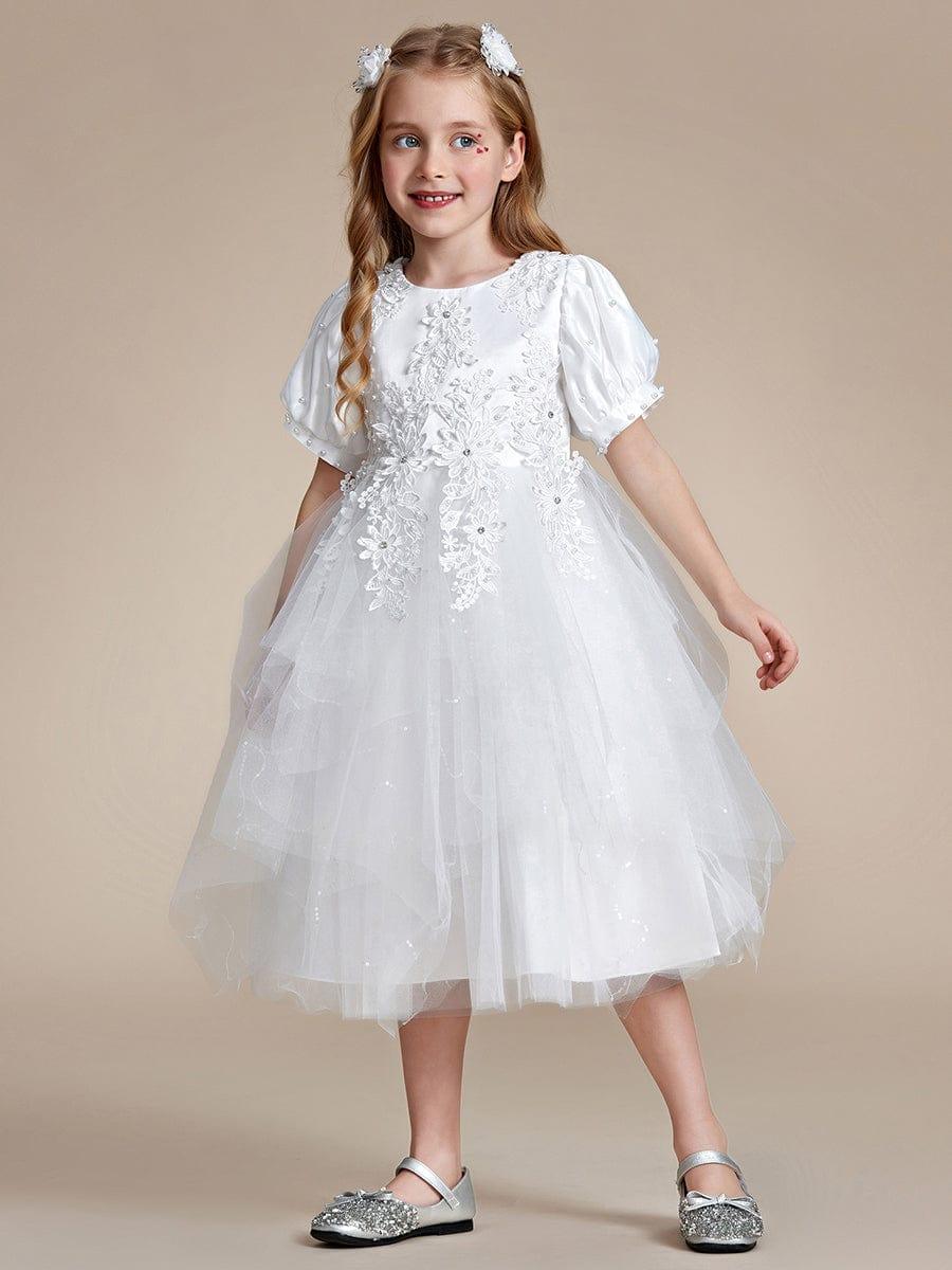 Satin Floral Applique Puff Sleeves Tulle Flower Girl Dress #color_White Satin Floral Applique Puff Sleeves Tulle Flower Girl Dress