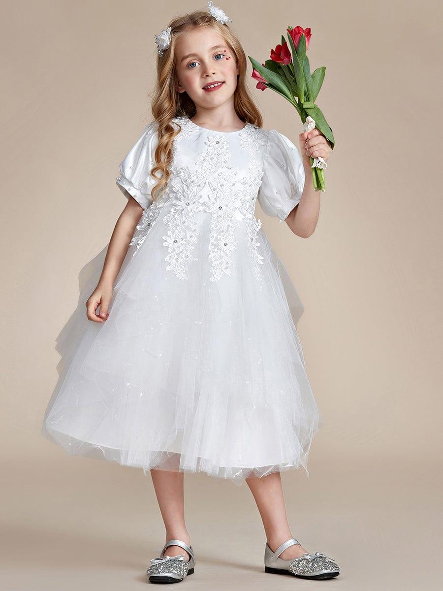 Satin Floral Applique Puff Sleeves Tulle Flower Girl Dress #color_White Satin Floral Applique Puff Sleeves Tulle Flower Girl Dress