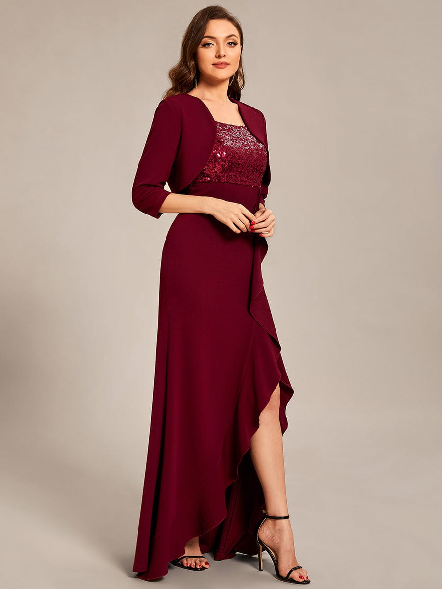 Custom Size Sequin Ruffle Front Slit Mother Dresses With Jacket #color_Burgundy Custom Size Sequin Ruffle Front Slit Mother Dresses With Jacket