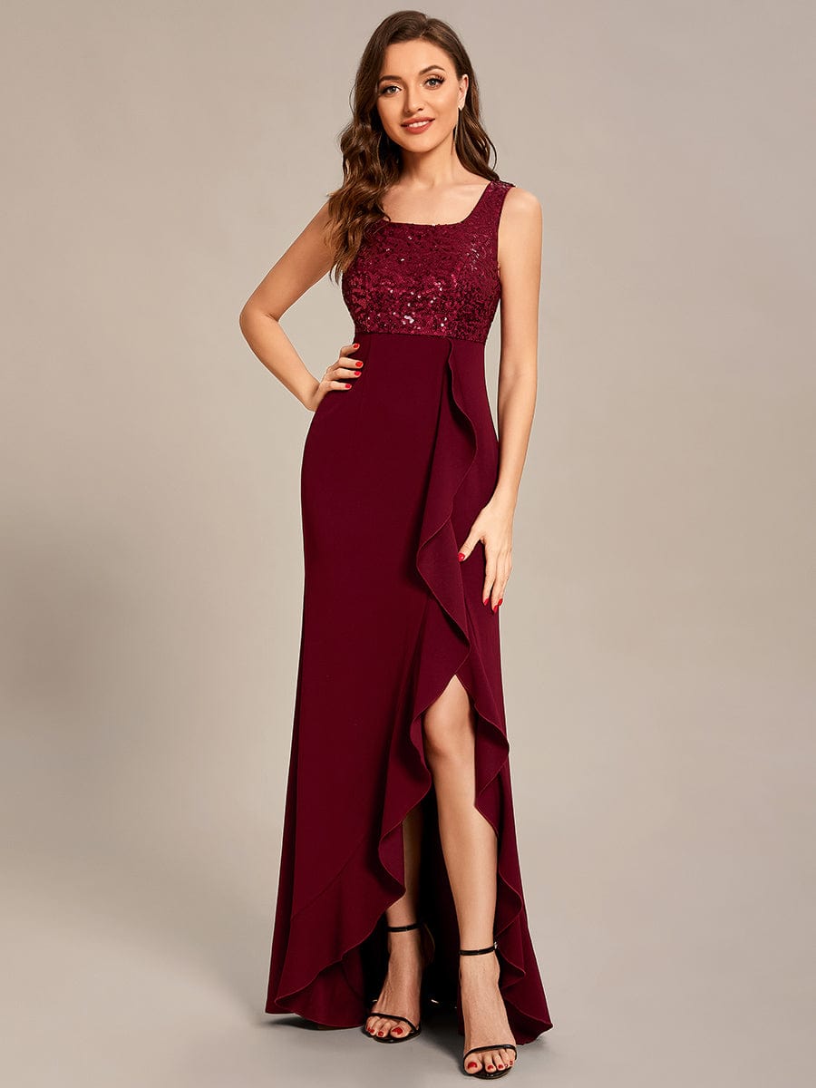 Custom Size Sequin Ruffle Front Slit Mother Dresses With Jacket #color_Burgundy Custom Size Sequin Ruffle Front Slit Mother Dresses With Jacket