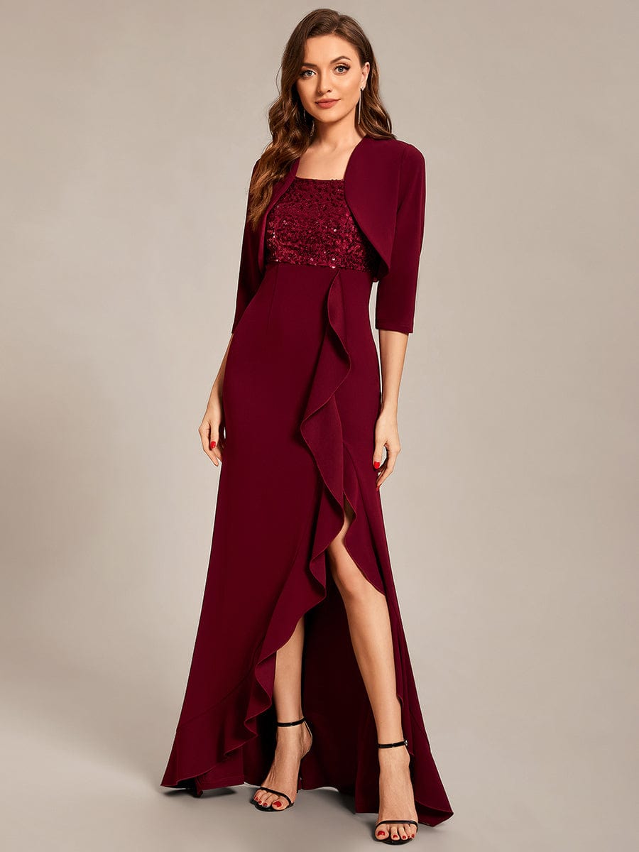 Custom Size Sequin Ruffle Front Slit Mother Dresses With Jacket #color_Burgundy Custom Size Sequin Ruffle Front Slit Mother Dresses With Jacket