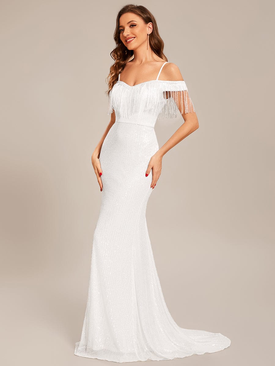 Custom Size Off Shoulder Long Mermaid Bodycon Sequin Prom Dress #color_White Custom Size Cold Shoulder Long Mermaid Bodycon Sequin Formal Dress