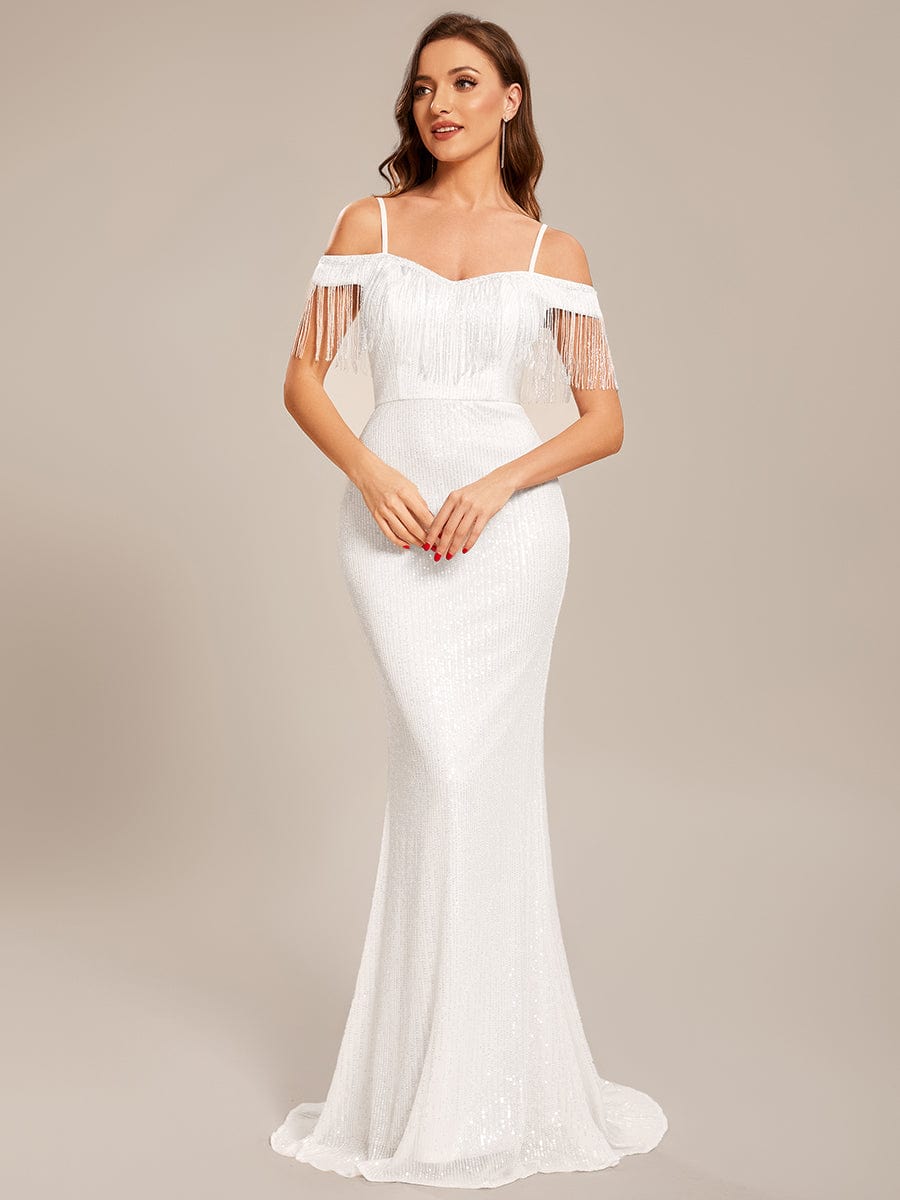 Custom Size Off Shoulder Long Mermaid Bodycon Sequin Prom Dress #color_White Custom Size Cold Shoulder Long Mermaid Bodycon Sequin Formal Dress