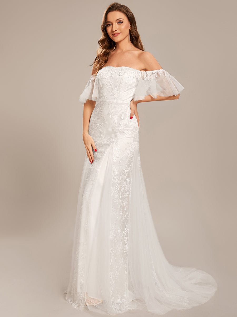 Custom Size Off Shoulder Bodycon Mermaid Lace Wedding Dress #color_White Custom Size Off Shoulder Bodycon Mermaid Lace Wedding Dress