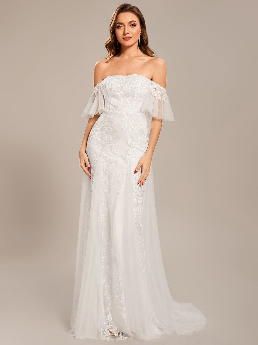 Custom Size Off Shoulder Bodycon Mermaid Lace Wedding Dress #color_White Custom Size Off Shoulder Bodycon Mermaid Lace Wedding Dress