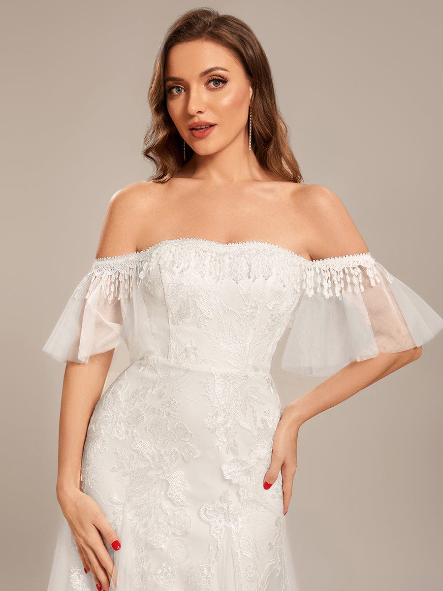 Custom Size Off Shoulder Bodycon Mermaid Lace Wedding Dress #color_White Custom Size Off Shoulder Bodycon Mermaid Lace Wedding Dress
