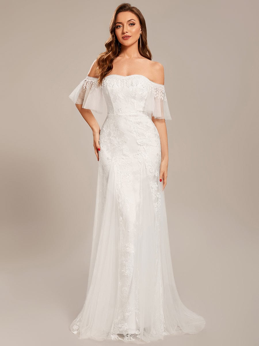 Custom Size Off Shoulder Bodycon Mermaid Lace Wedding Dress #color_White Custom Size Off Shoulder Bodycon Mermaid Lace Wedding Dress