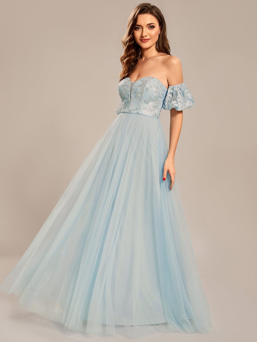 Custom Size Puffy Sleeve Sweetheart Princess Style Tulle Prom Dress #color_Sky Blue Custom Size Puffy Sleeve Sweetheart Princess Style Tulle Formal Dress