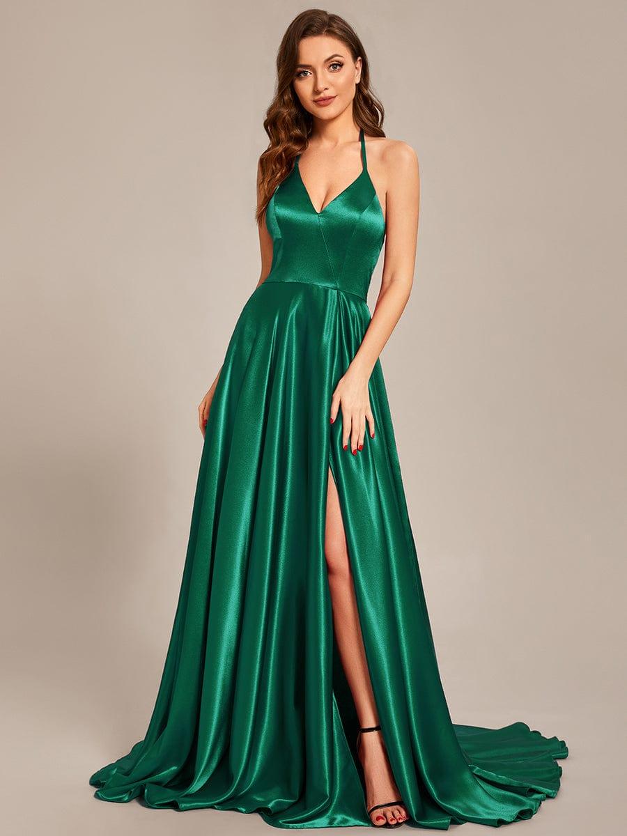 Custom Size Halter Neck High Front Slit Floor Length Prom Dress #color_Burgundy Custom Size Halter Neck High Front Slit Floor Length Prom Dress