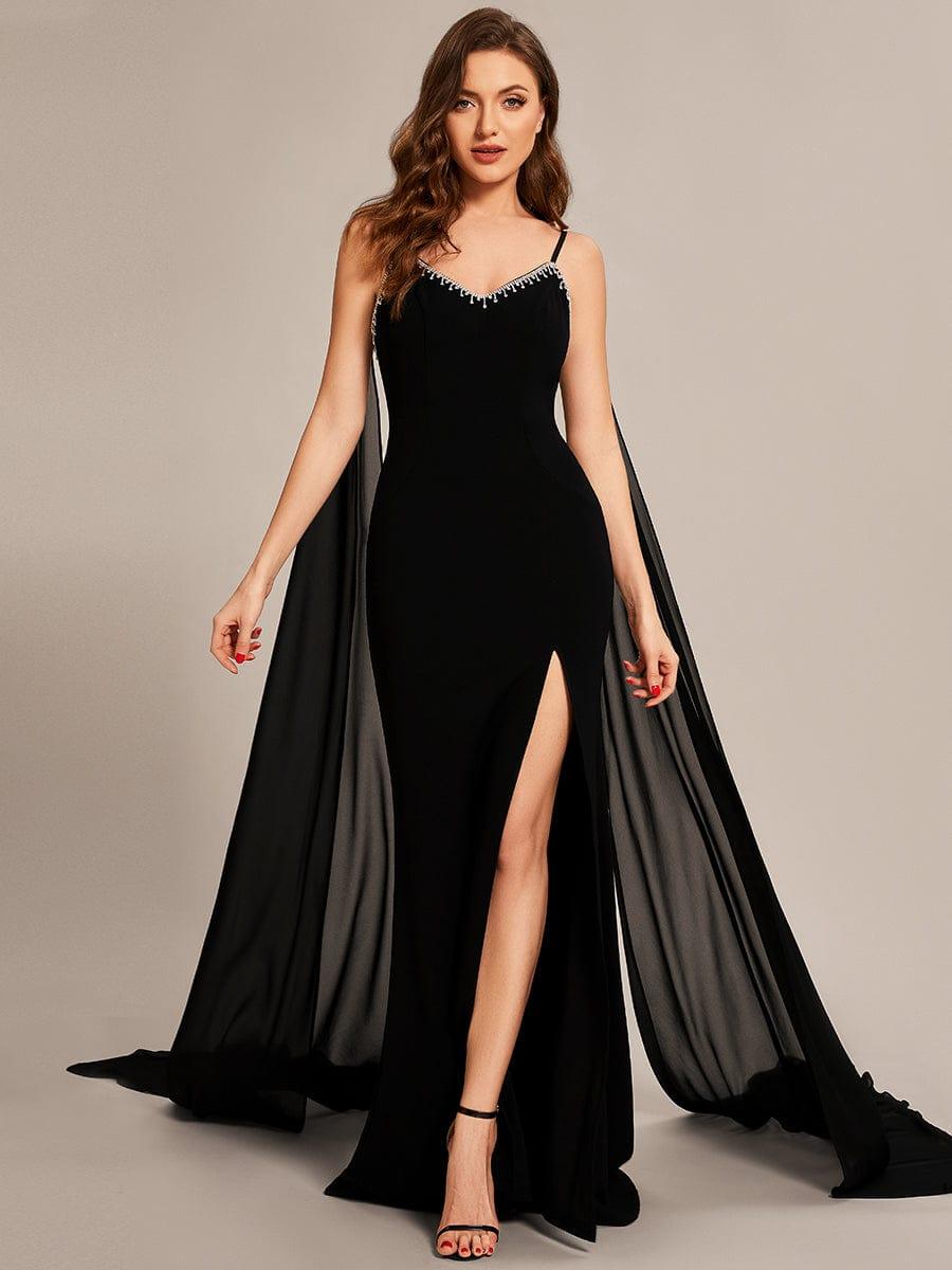 Custom Size Chiffon Streamer Spaghetti Strap Sequin Prom Dresses #color_Black Custom Size Chiffon Streamer Spaghetti Strap Prom Dresses