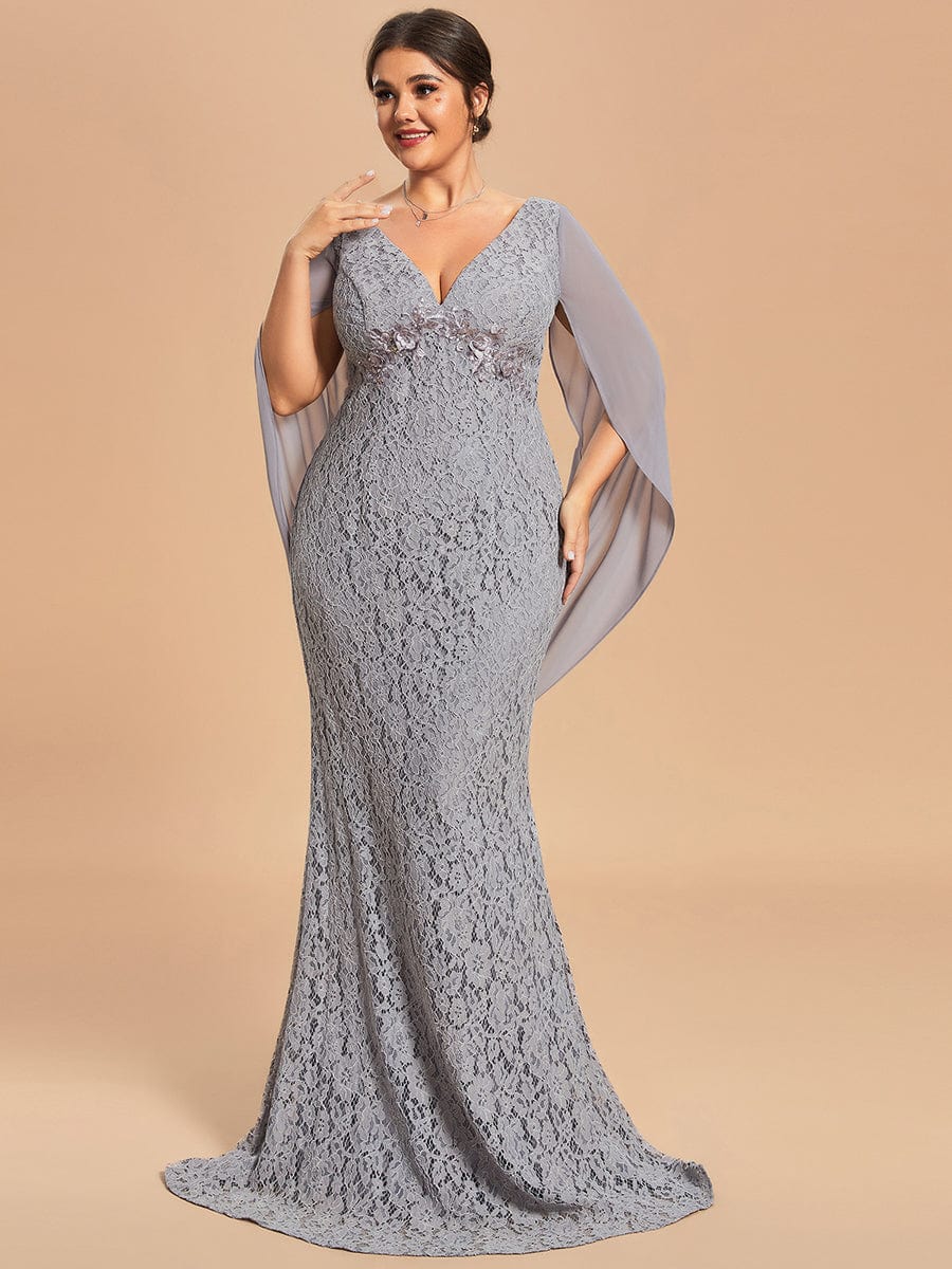 Custom Size Bodycon Lace Fishtail Long Mother of the Bride Dress #color_Grey Custom Size Bodycon Lace Fishtail Long Mother of the Bride Dress