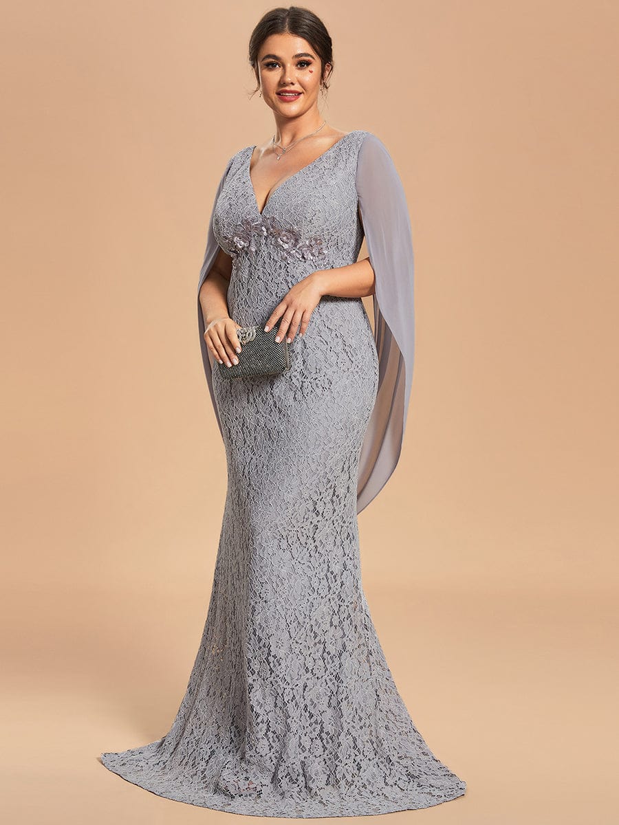 Custom Size Bodycon Lace Fishtail Long Mother of the Bride Dress #color_Grey Custom Size Bodycon Lace Fishtail Long Mother of the Bride Dress