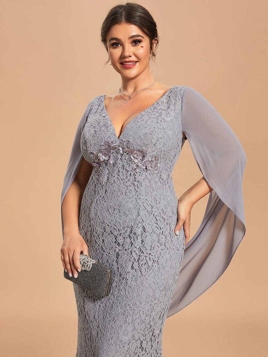 Custom Size Bodycon Lace Fishtail Long Mother of the Bride Dress #color_Grey Custom Size Bodycon Lace Fishtail Long Mother of the Bride Dress