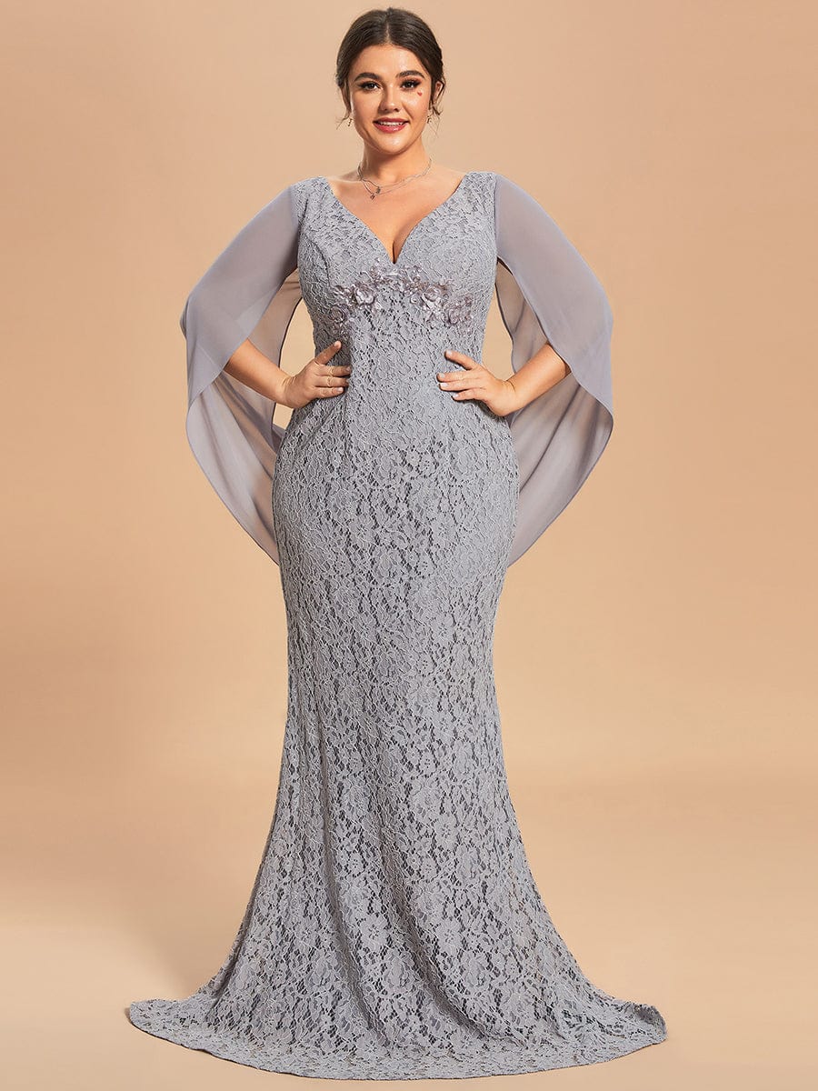 Custom Size Bodycon Lace Fishtail Long Mother of the Bride Dress #color_Grey Custom Size Bodycon Lace Fishtail Long Mother of the Bride Dress