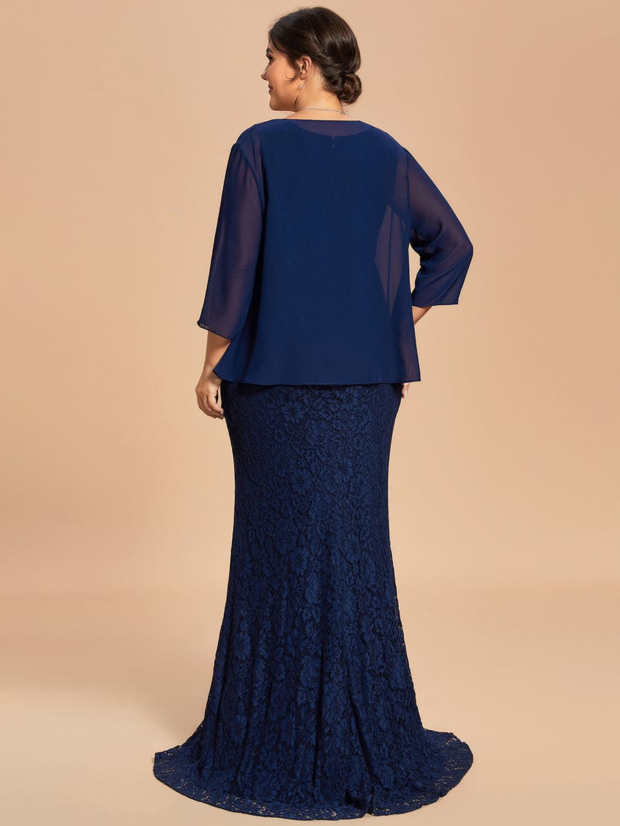 Custom Size Lace Mermaid Chiffon Jacket Two-Piece Set Mother Dress #color_Navy Blue Custom Size Lace Mermaid Chiffon Jacket Two-Piece Set Mother Dress