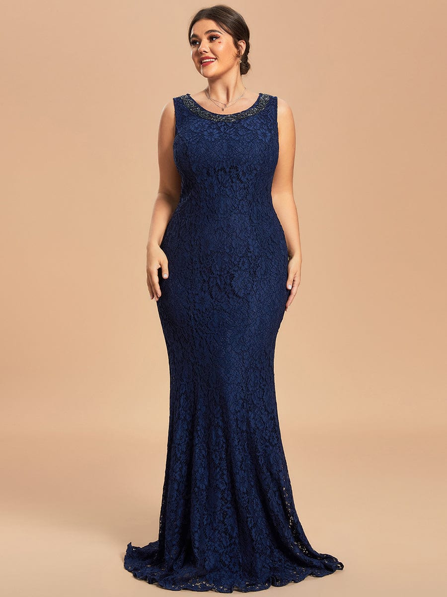 Custom Size Lace Mermaid Chiffon Jacket Two-Piece Set Mother Dress #color_Navy Blue Custom Size Lace Mermaid Chiffon Jacket Two-Piece Set Mother Dress