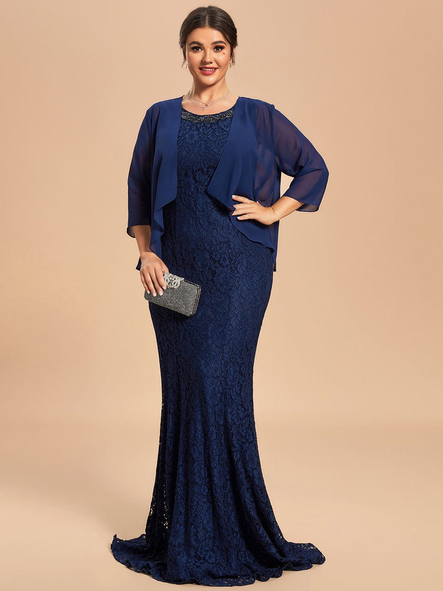 Custom Size Lace Mermaid Chiffon Jacket Two-Piece Set Mother Dress #color_Navy Blue Custom Size Lace Mermaid Chiffon Jacket Two-Piece Set Mother Dress