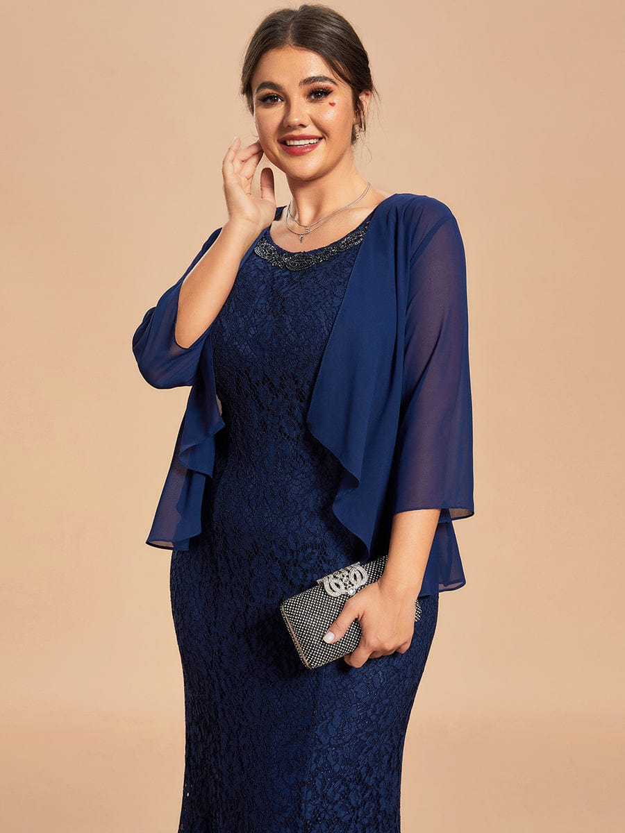 Custom Size Lace Mermaid Chiffon Jacket Two-Piece Set Mother Dress #color_Navy Blue Custom Size Lace Mermaid Chiffon Jacket Two-Piece Set Mother Dress